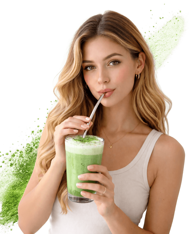 Een lachende vrouw die Biolab's Ceremonial Grade Matcha-drank proeft