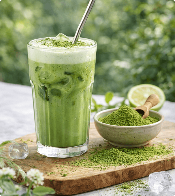Een glas Biolab's Ceremonial Grade Matcha-drank