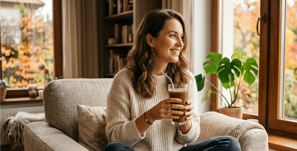 Lachende vrouw met een glas Chocolate Dreamzzz in haar hand