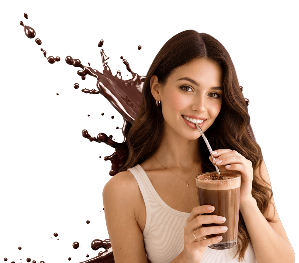 Lachende vrouw die Chocolate Dreamzzz van Biolab proeft