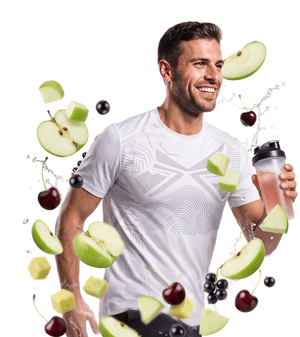 Een man in sportkleding rent terwijl hij een shaker vasthoudt.