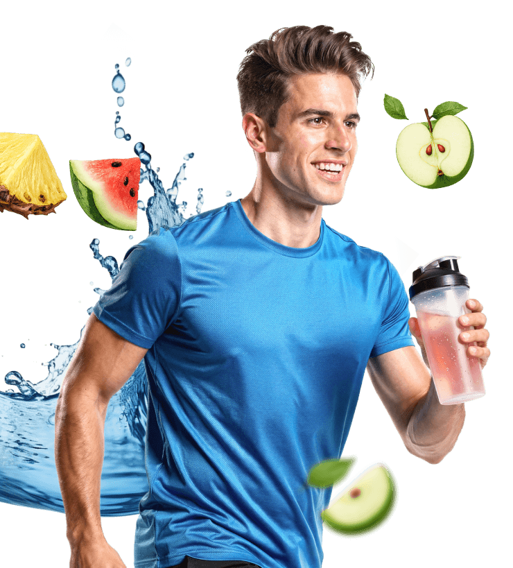 Een man in sportkleding rent terwijl hij een shaker vasthoudt.